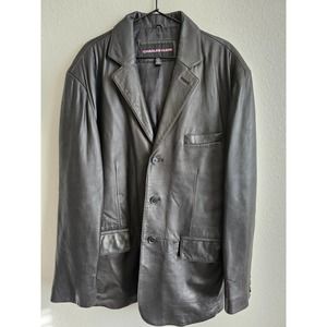 Charles Klein Mens Leather Jacket Black Size 2XL Long Sleeve Button Up